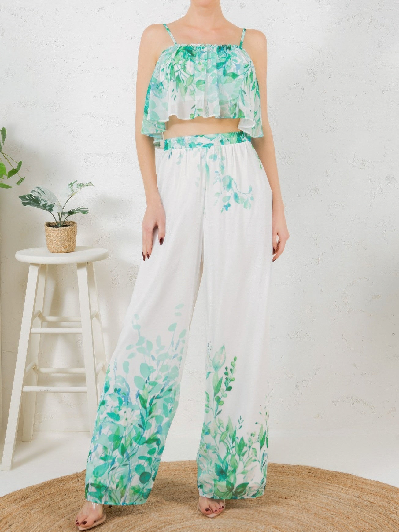 Printed Crop Top & Wide Leg Long Pants Set