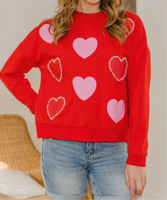 Heart Pattern With Pearl Embellished Sweatshirts