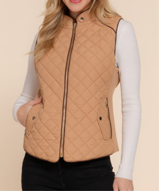 Suede Piping Quilted Padding Vest