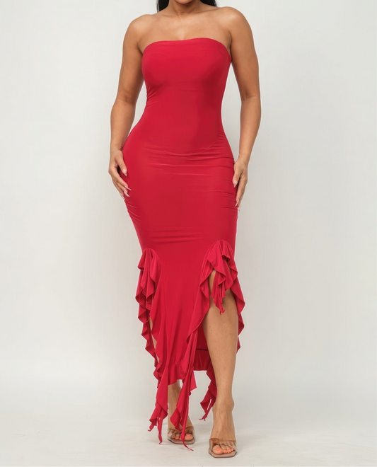 Solid Ruffle Trim Slit Tube Maxi Dress