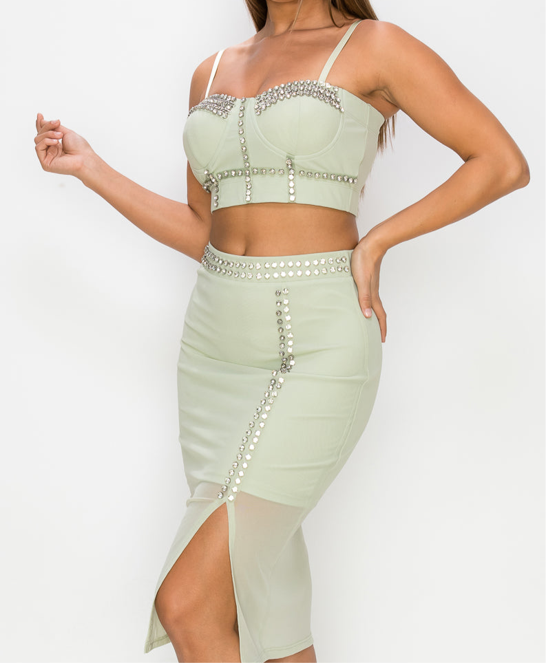 Studded Stone Cami Top & Slit Mini Skirts Set