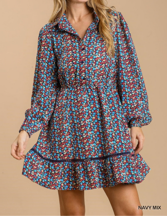 Collared Button Down Floral Print Dress