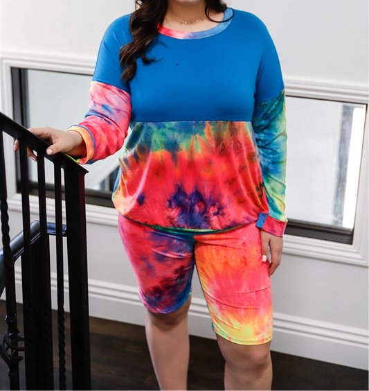 Blue Neon Rainbow Tie-dye Colorblock Top & Biker Shorts Set