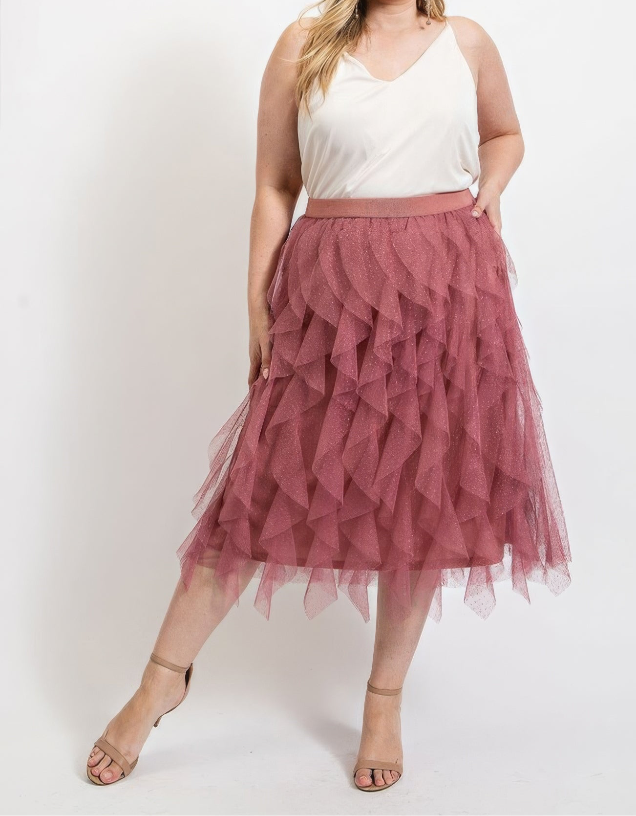 Ruffled Tulle Midi Skirt