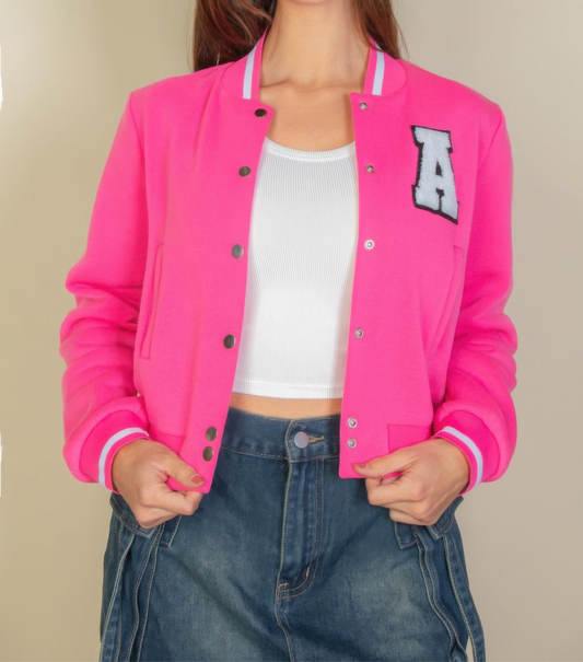 Ezwear Letter Patched Crop Varsity Jacket