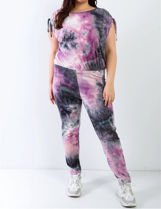 Purple & Black Tie-dye Ruched Shoulder Detail Top & Pants Set