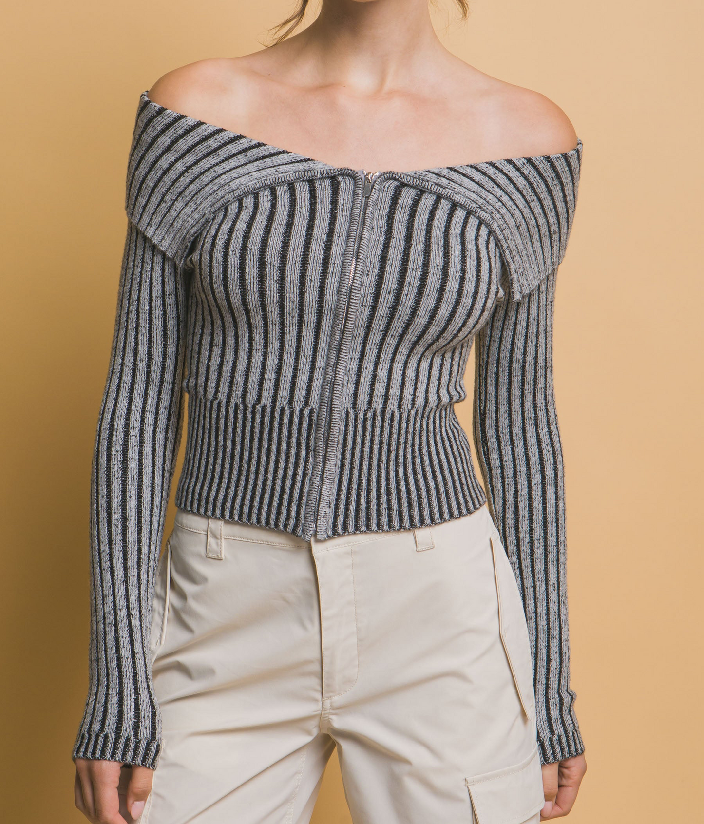 Ribbed Bardot Zip Up Top