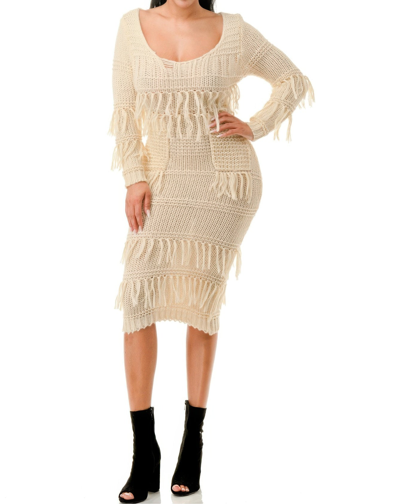 Knit Long Sleeve Fringe Dress