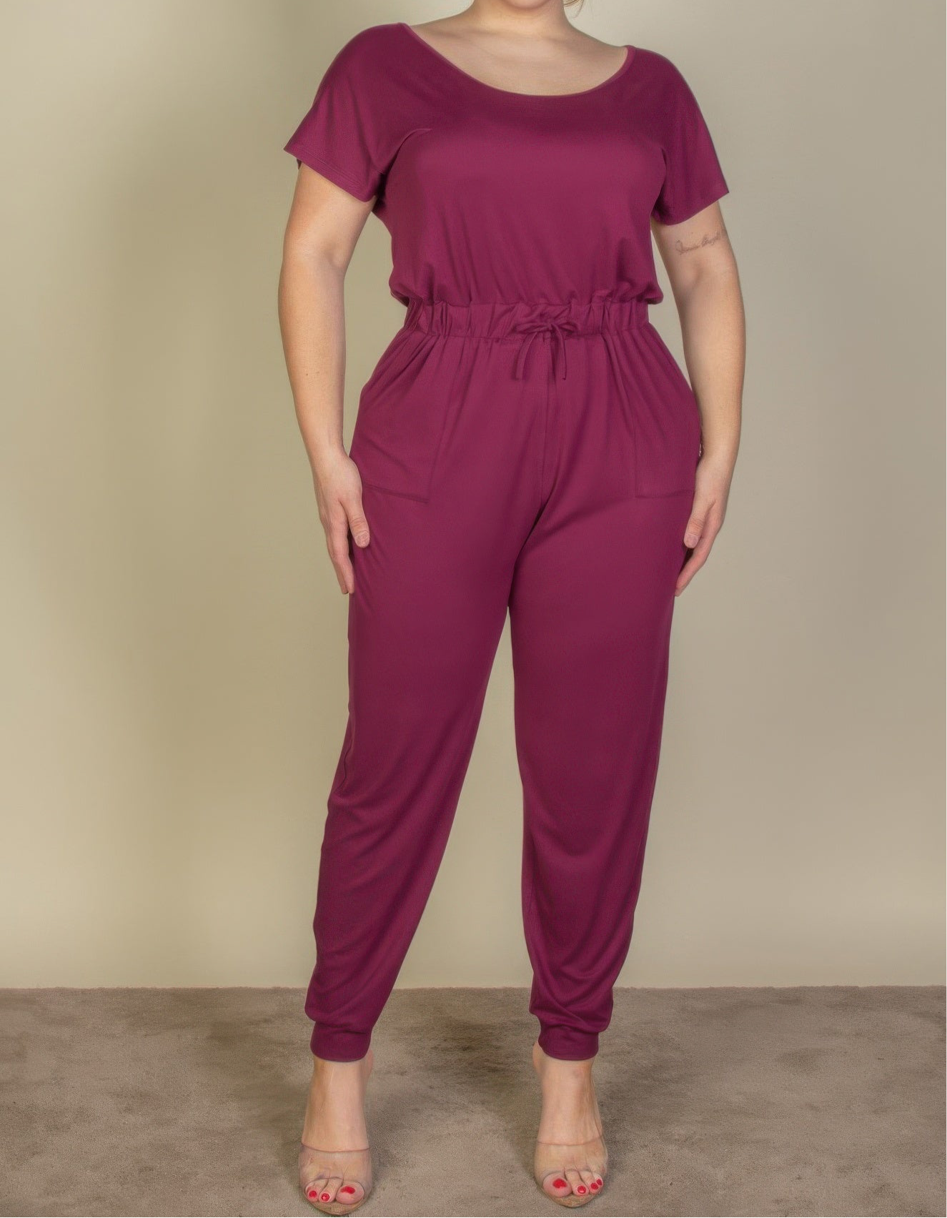 Solid Drawstring Short Sleeve Jumpsuit