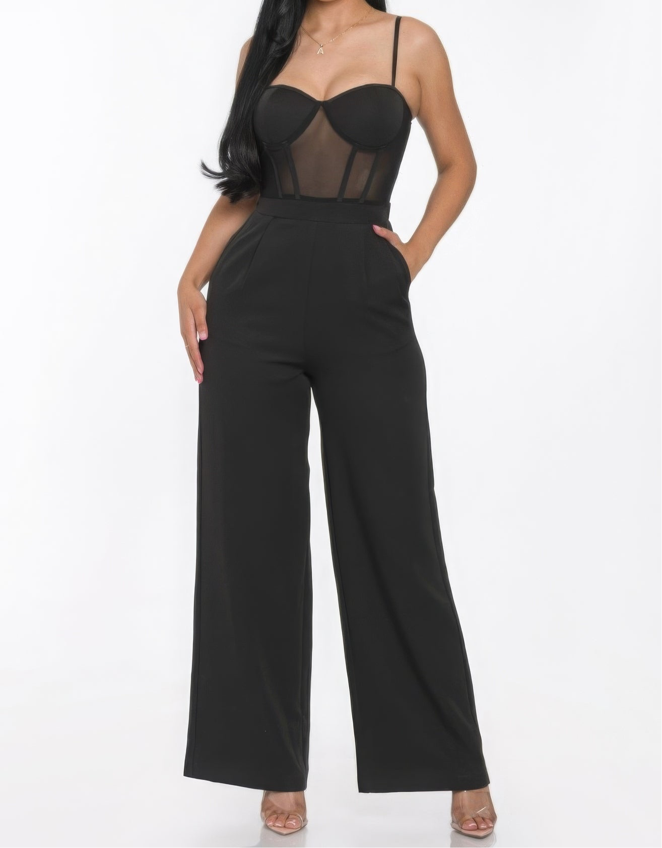 Mesh Insert Cup Wide Leg Jumpsuit