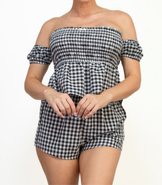 Off-shoulder Gingham Top & Mini Short Sets