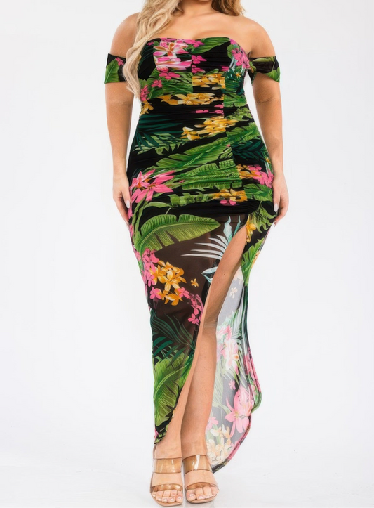 Tropical Off Shoulder Draped Maxi Dress