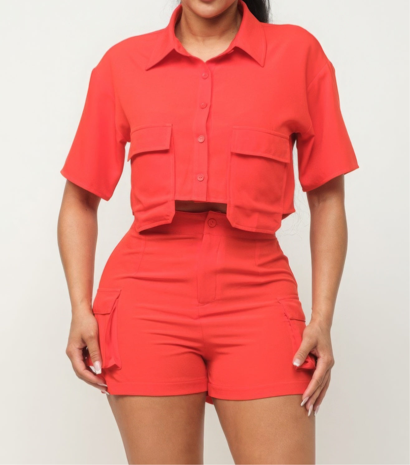 Button Down Side Pockets Top And Shorts Set