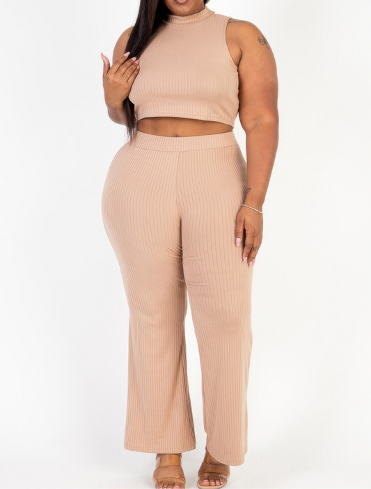 Ribbed Mock Neck Crop Tank Top& Bootcut Pants Set