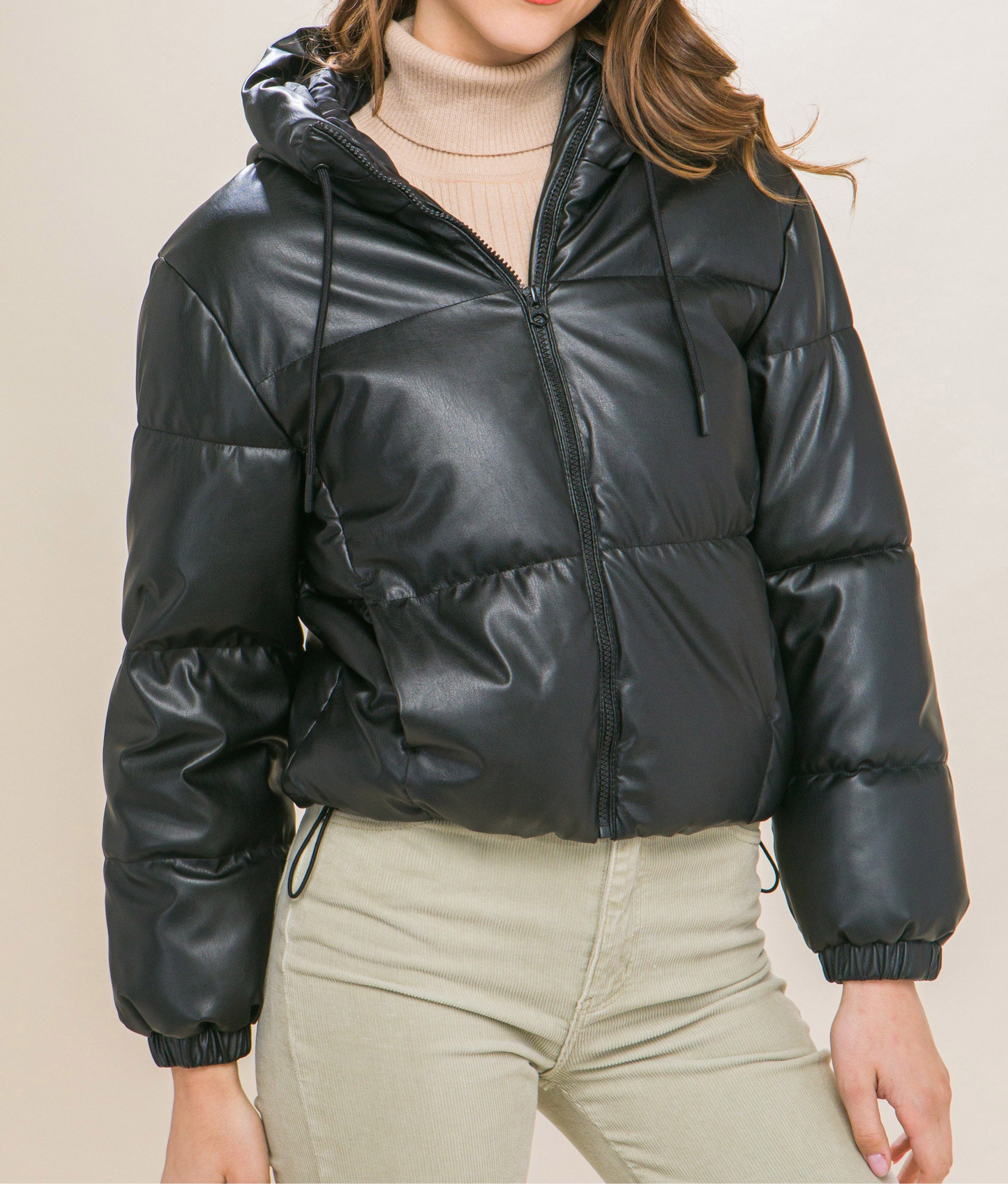 Pu Faux Leather Zipper Hooded Puffer Jacket