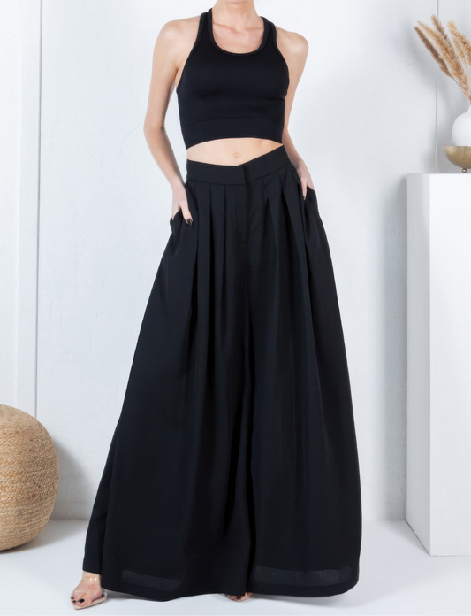 Large Hem Wide Leg Pleated Solid Pants