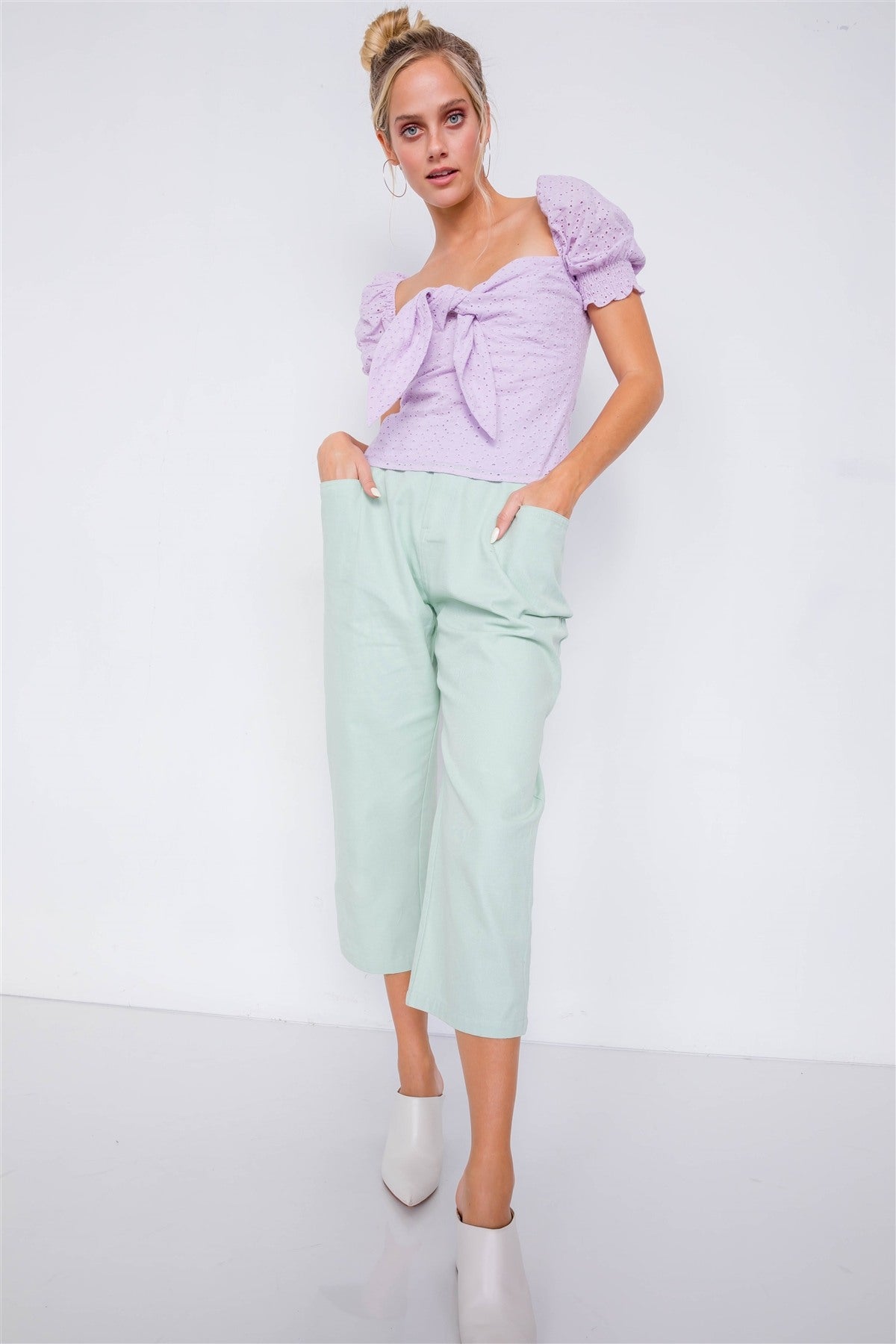 Pastel Chic Solid Ankle Wide Leg Pants