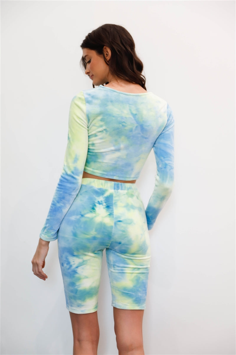 Multicolor Tie-dye Velvet Cropped Top & Bike Shorts Set