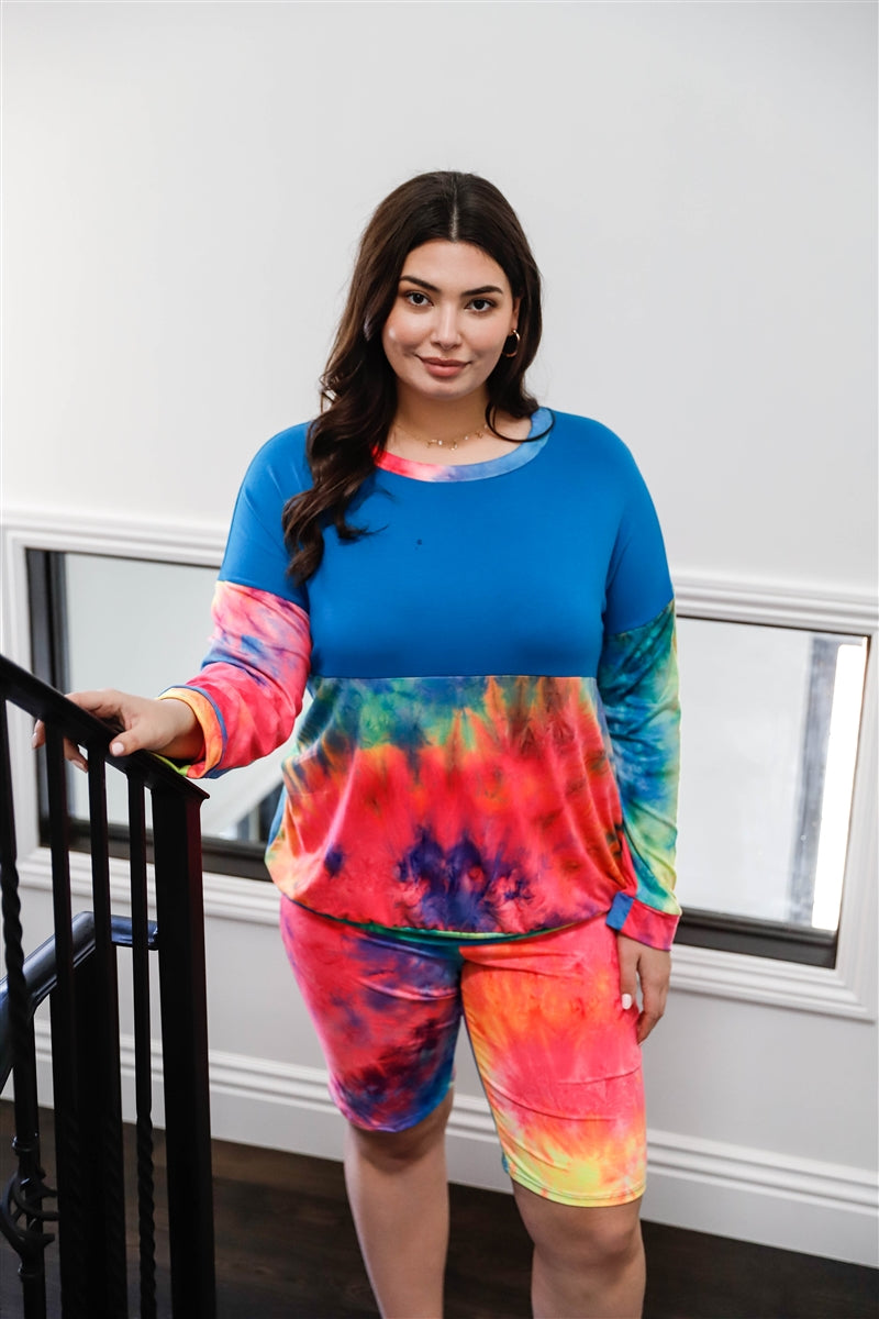 Blue Neon Rainbow Tie-dye Colorblock Top & Biker Shorts Set