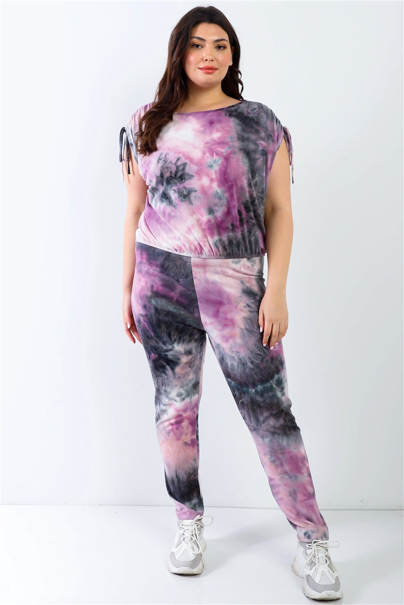 Purple & Black Tie-dye Ruched Shoulder Detail Top & Pants Set