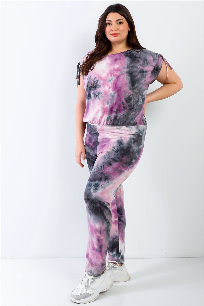 Purple & Black Tie-dye Ruched Shoulder Detail Top & Pants Set