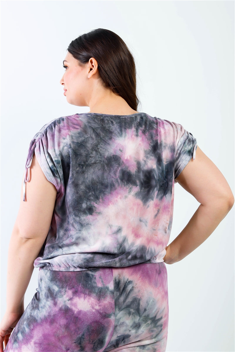 Purple & Black Tie-dye Ruched Shoulder Detail Top & Pants Set