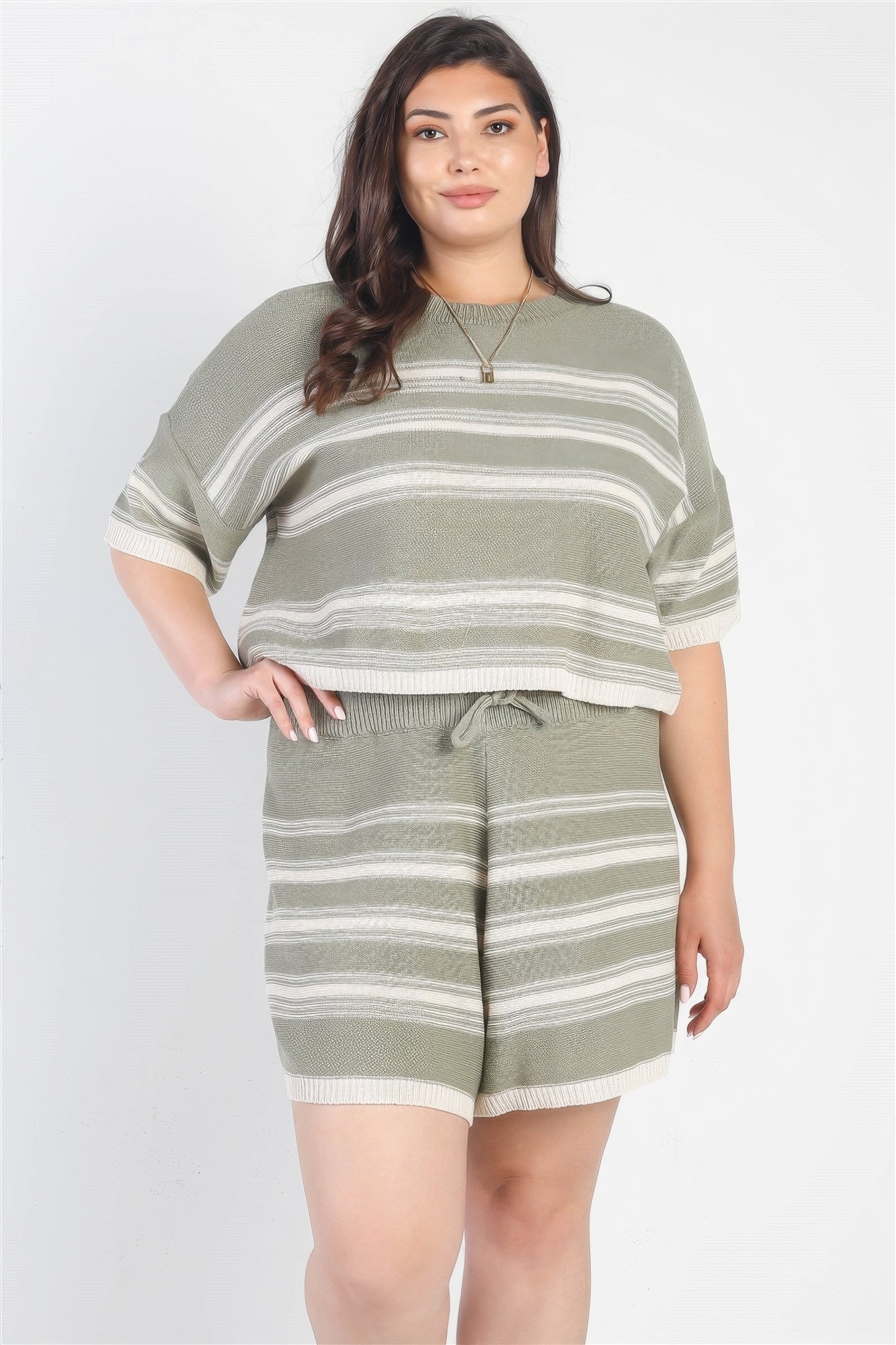 Olive Striped Knit Crop Top High Waist Shorts Set