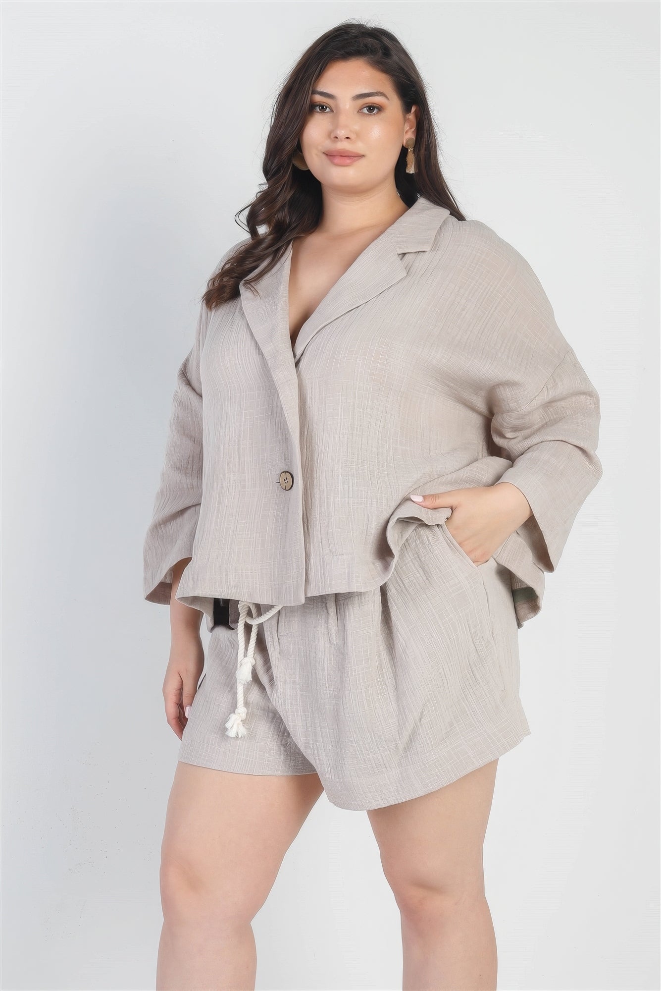 Grey Button-up Blazer High Waist Shorts Set