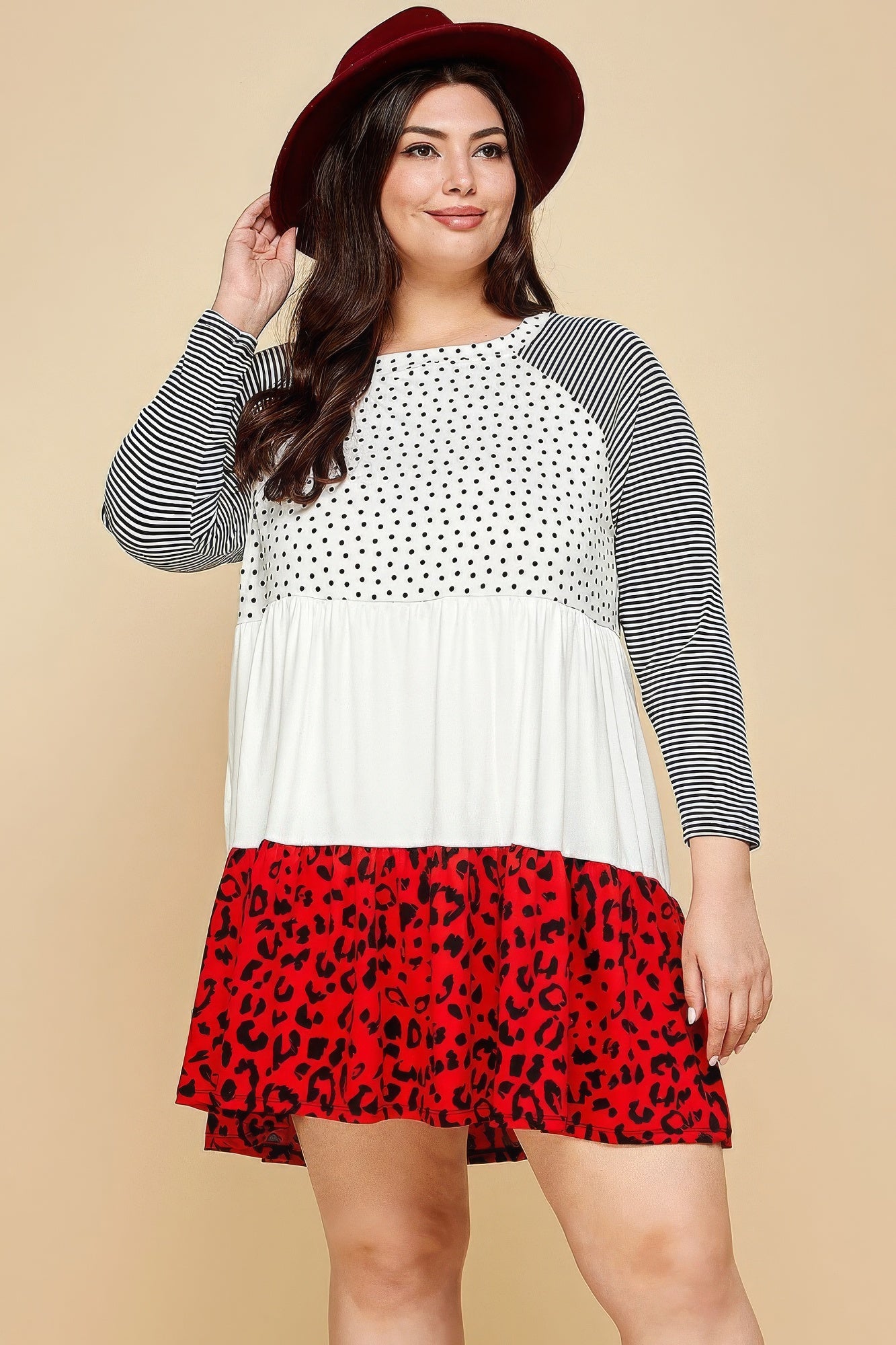 Cute Polka Dot And Animal Print Contrast Swing Tiered Dress