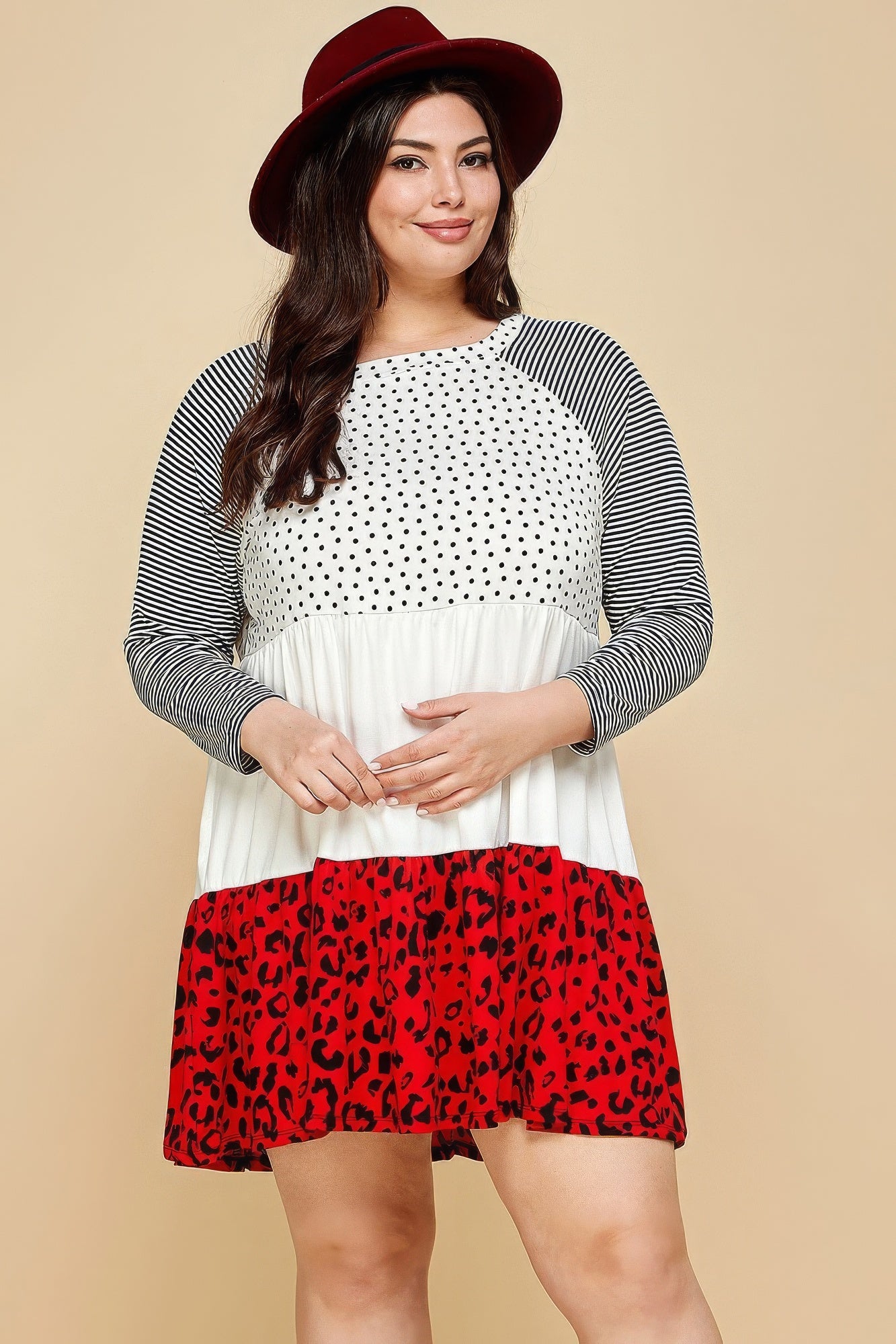 Cute Polka Dot And Animal Print Contrast Swing Tiered Dress