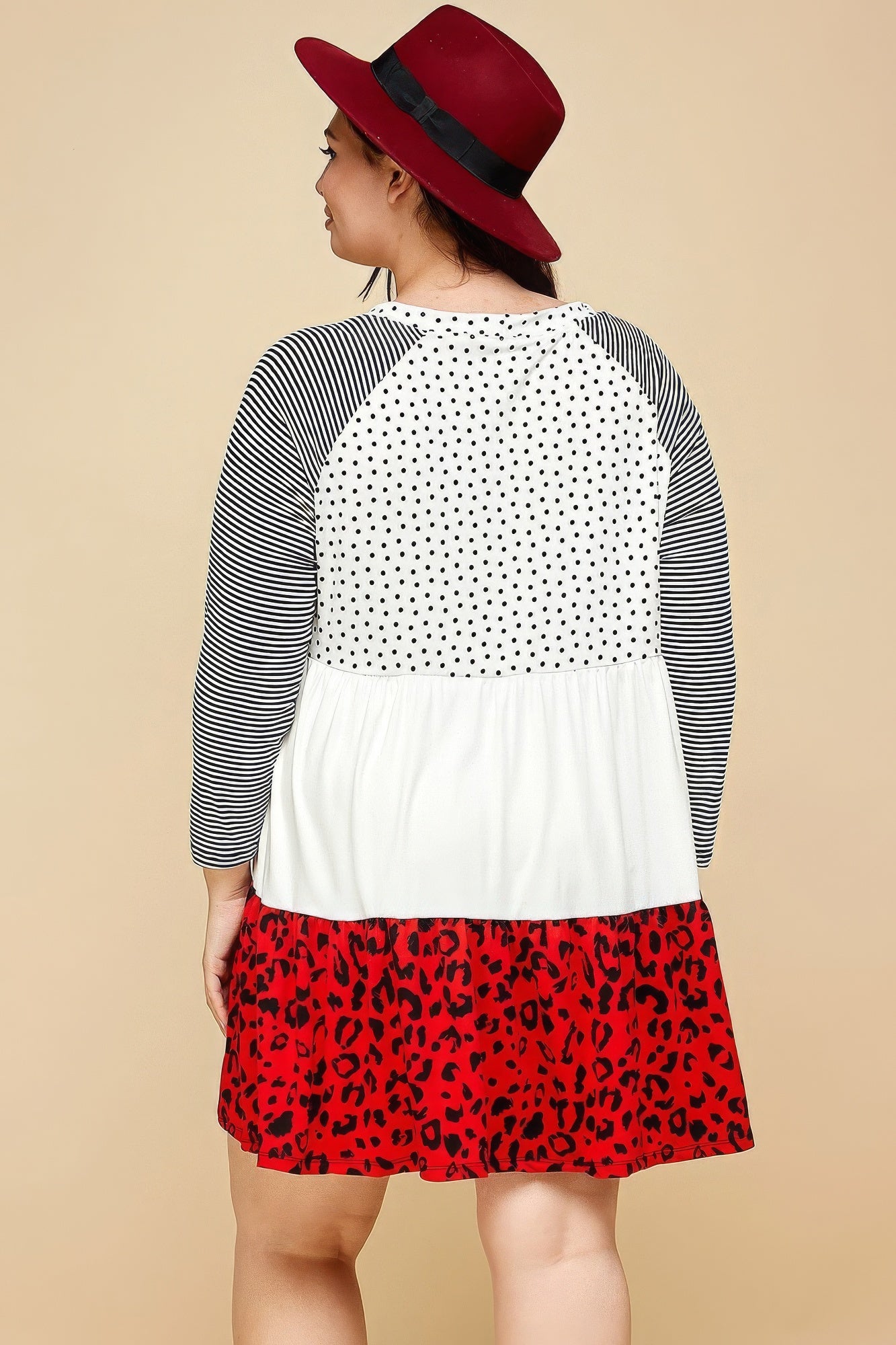 Cute Polka Dot And Animal Print Contrast Swing Tiered Dress