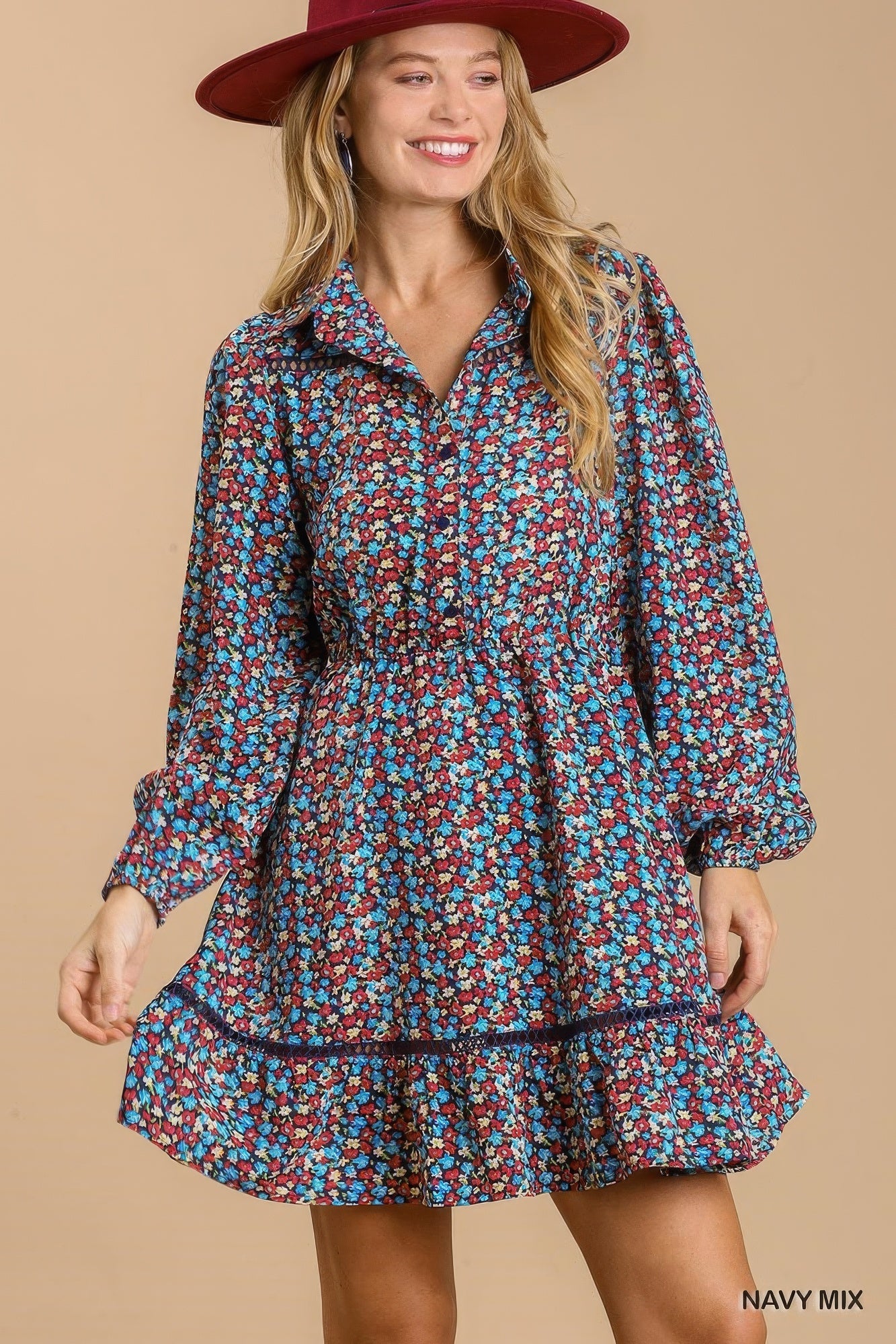 Collared Button Down Floral Print Dress