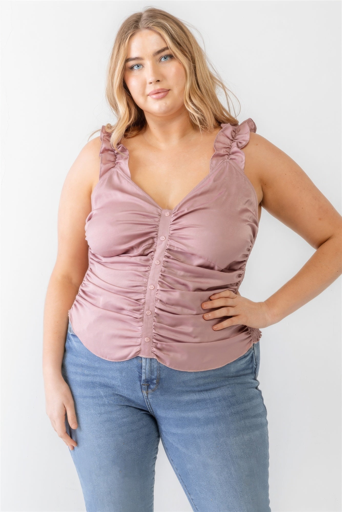 Ruched Button-up Ruffle Tank Top