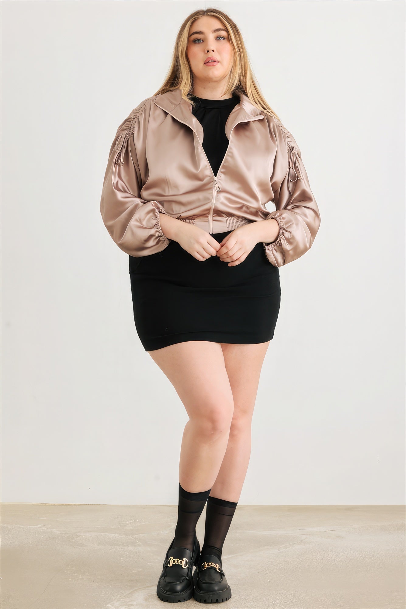 Satin Zip-up Ruched Cropped Bomber Jacket