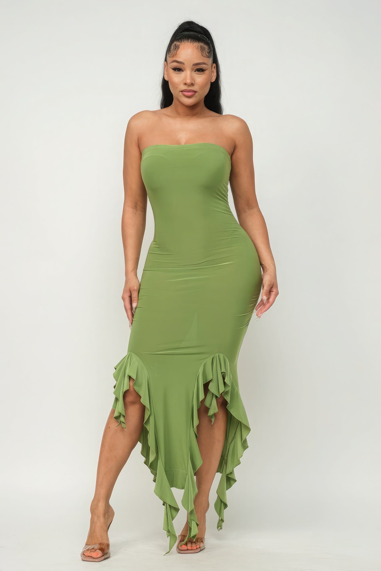 Solid Ruffle Trim Slit Tube Maxi Dress