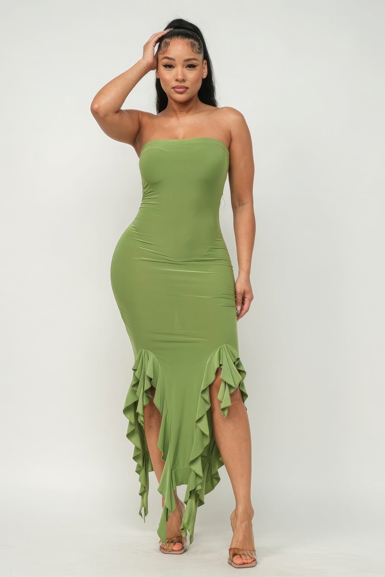 Solid Ruffle Trim Slit Tube Maxi Dress