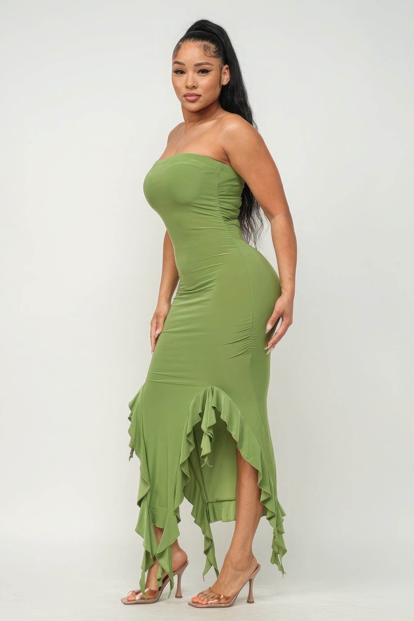 Solid Ruffle Trim Slit Tube Maxi Dress