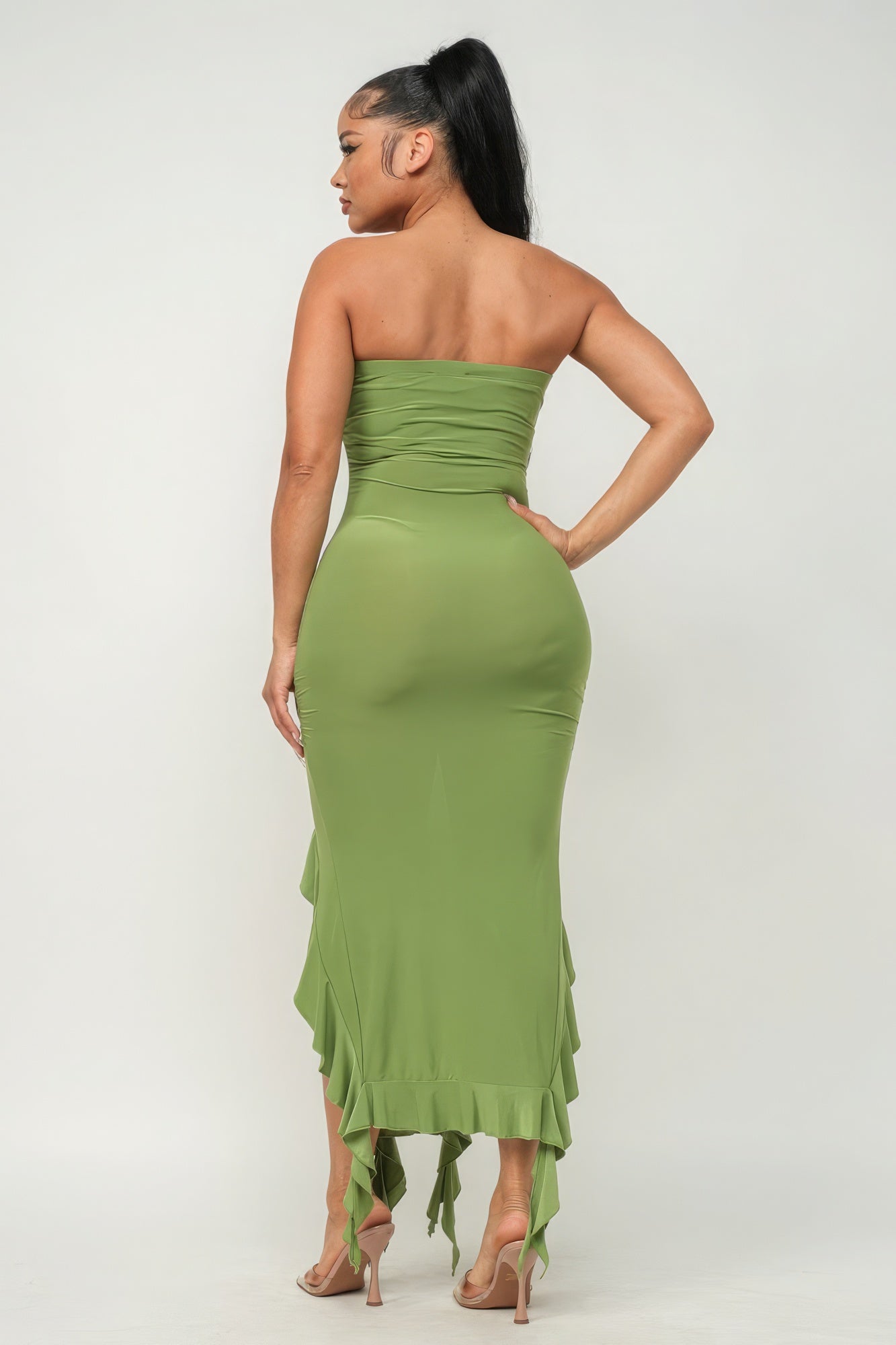 Solid Ruffle Trim Slit Tube Maxi Dress