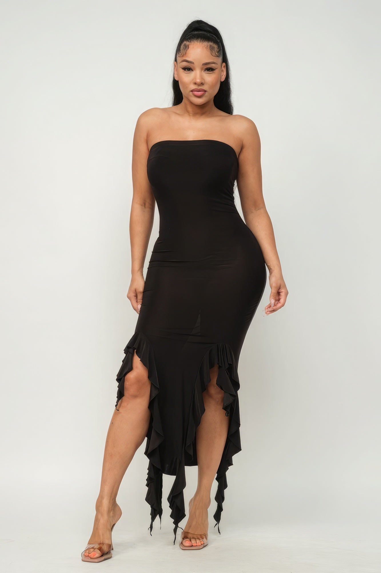 Solid Ruffle Trim Slit Tube Maxi Dress