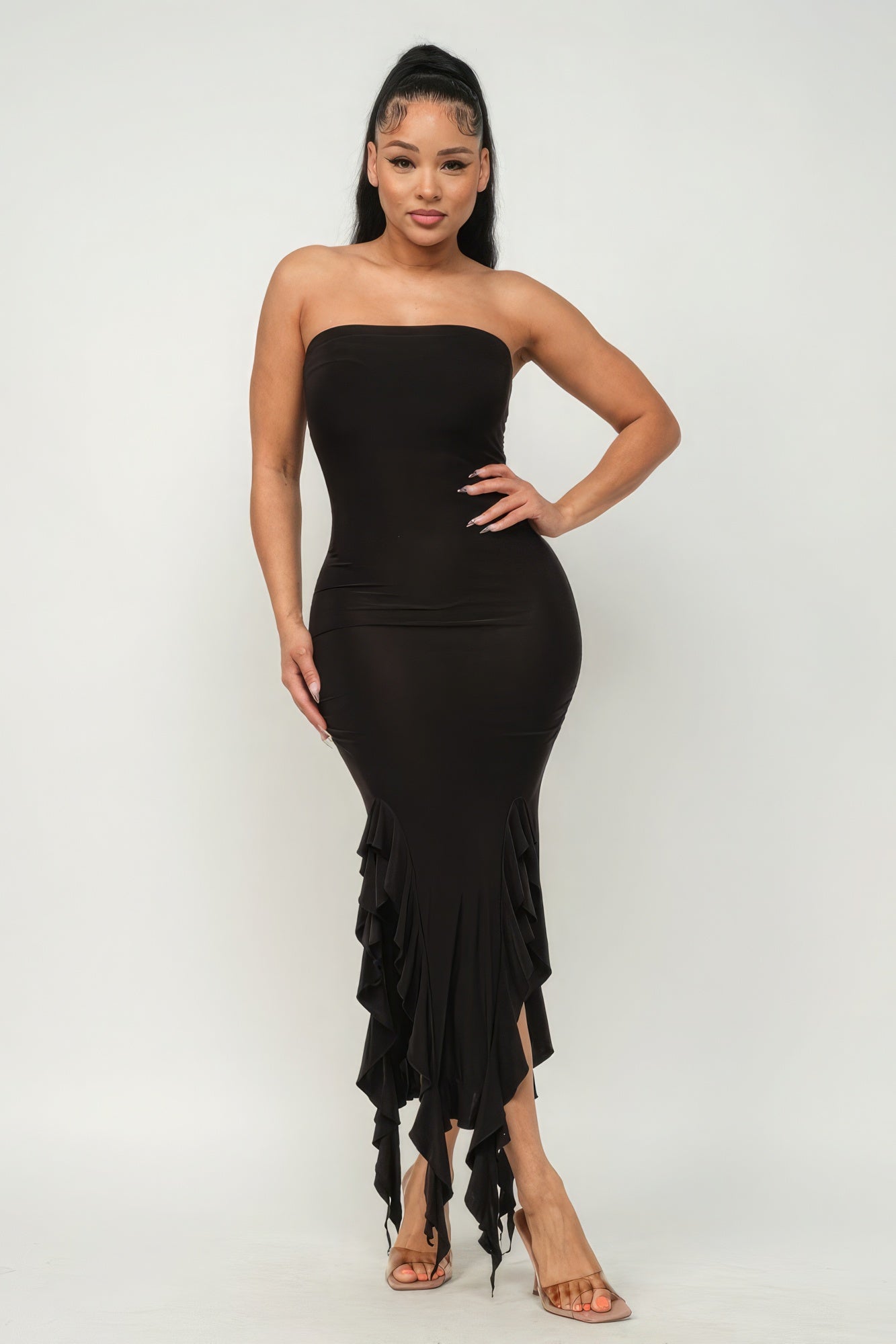 Solid Ruffle Trim Slit Tube Maxi Dress