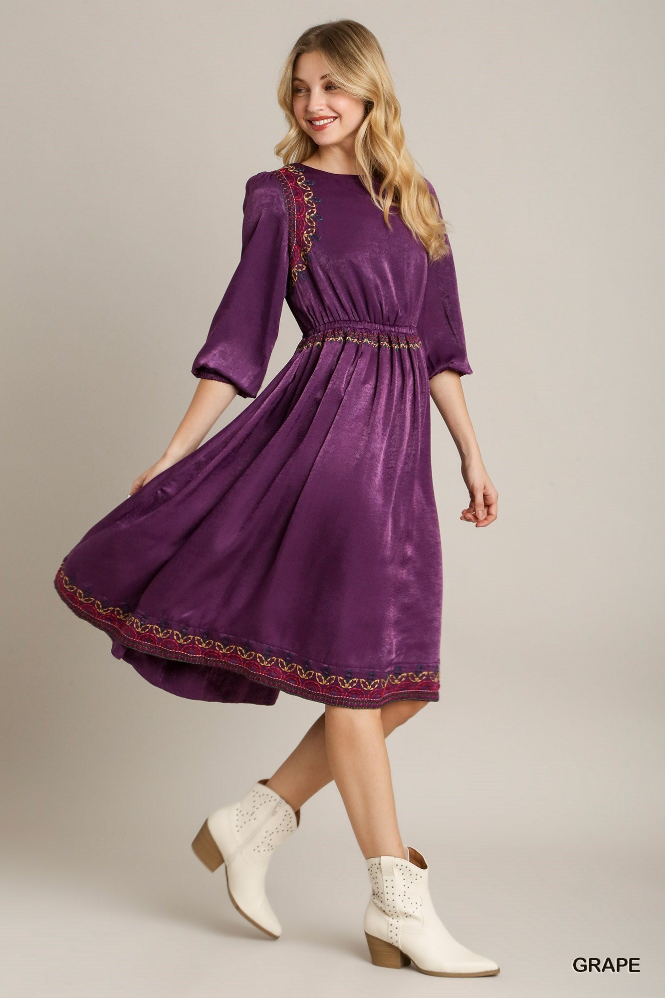 Satin Embroidery Midi Dress