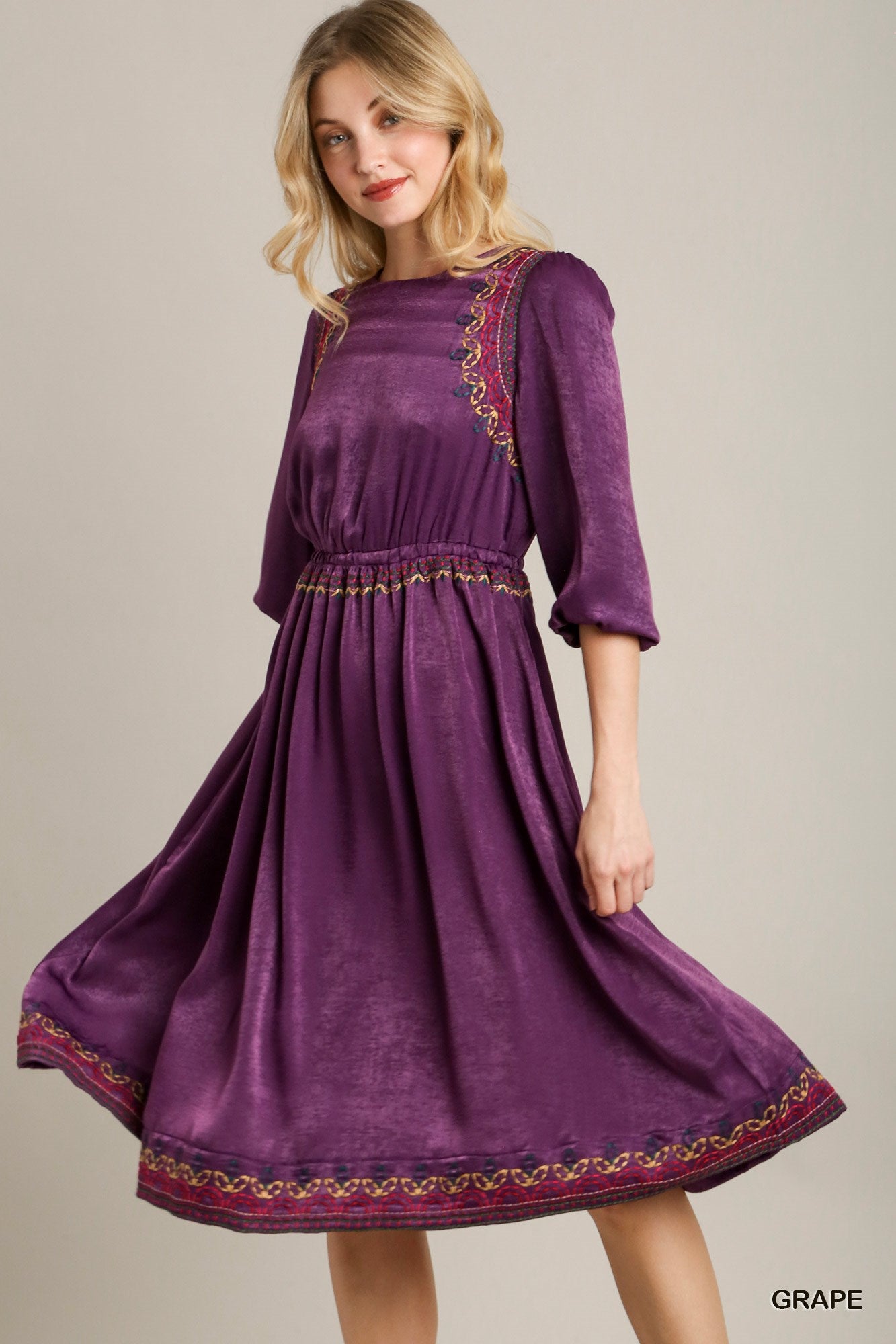 Satin Embroidery Midi Dress