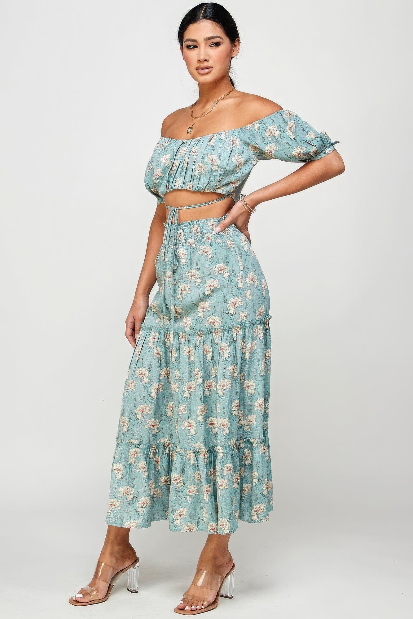 Floral Off Shoulder Back Tie Top Skirt Set