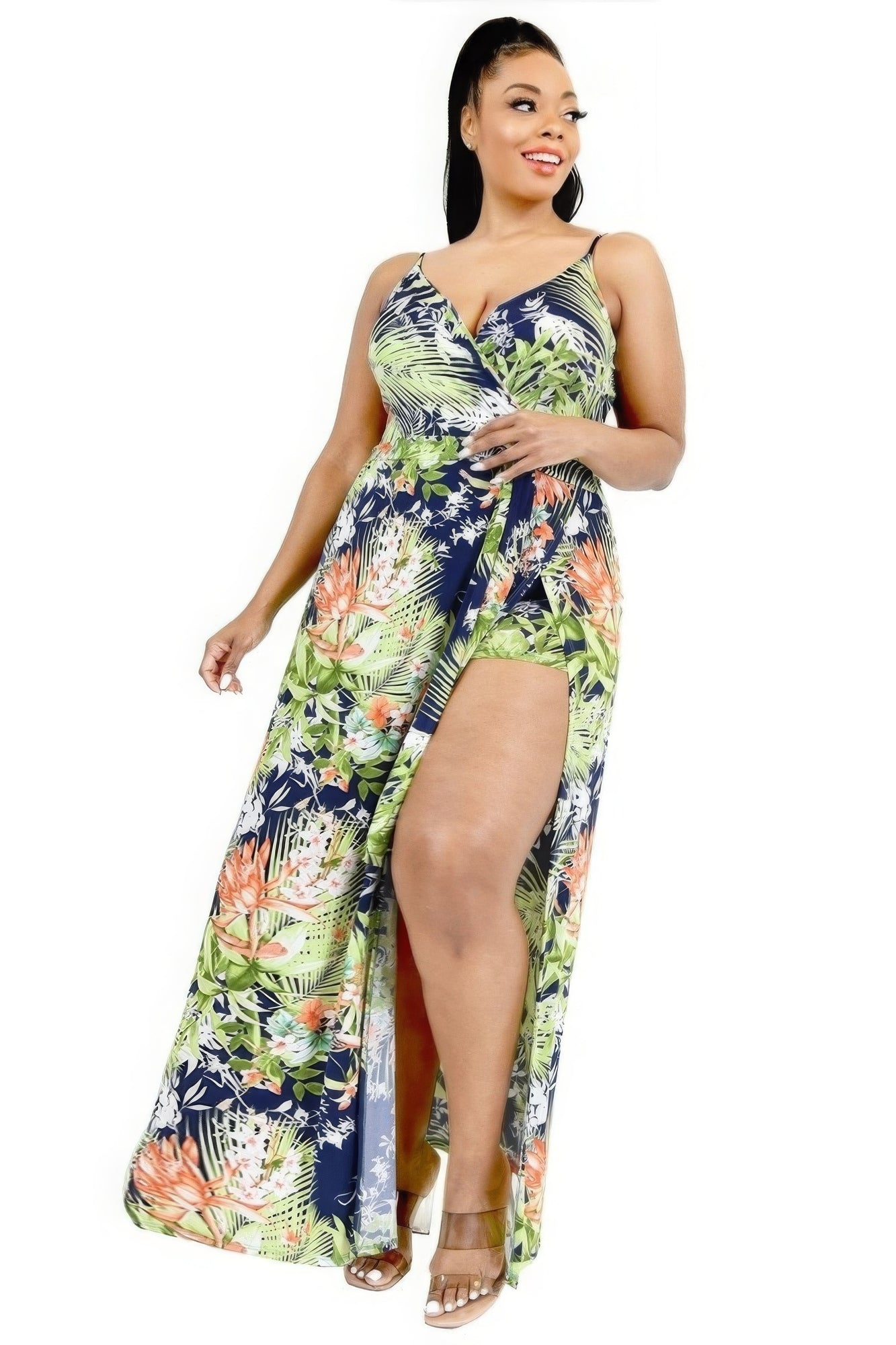 Tropical Leaf Surplice Maxi Dress