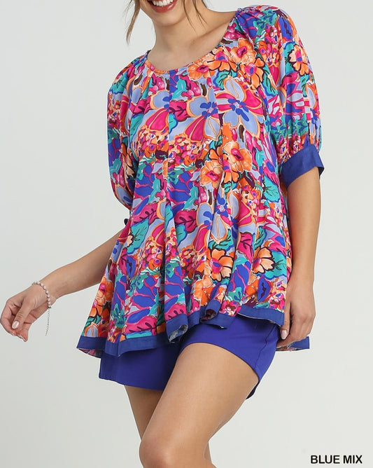 Floral Print Pleated Baby Doll Top
