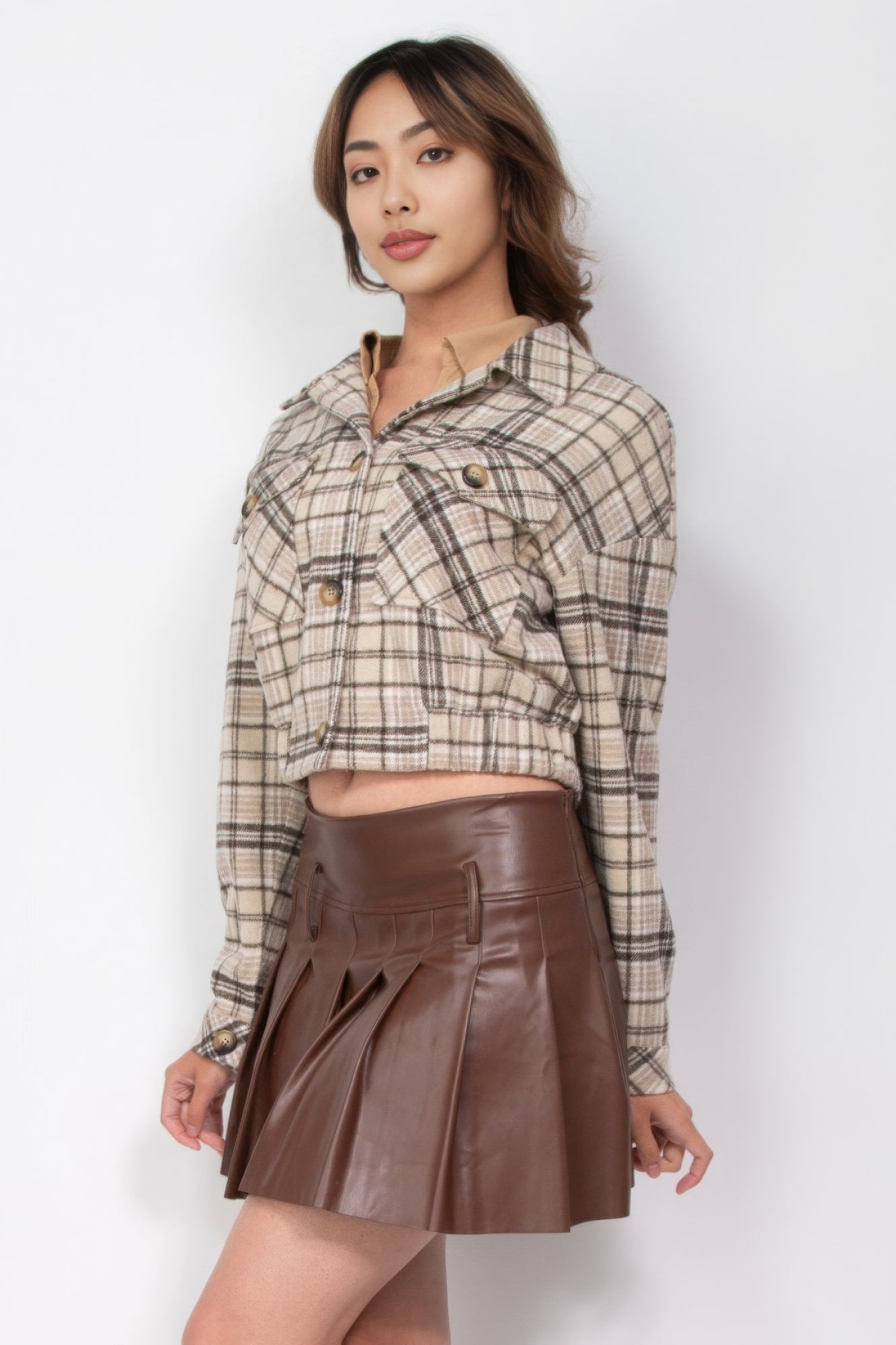 Plaid Button-down Crop Jacket