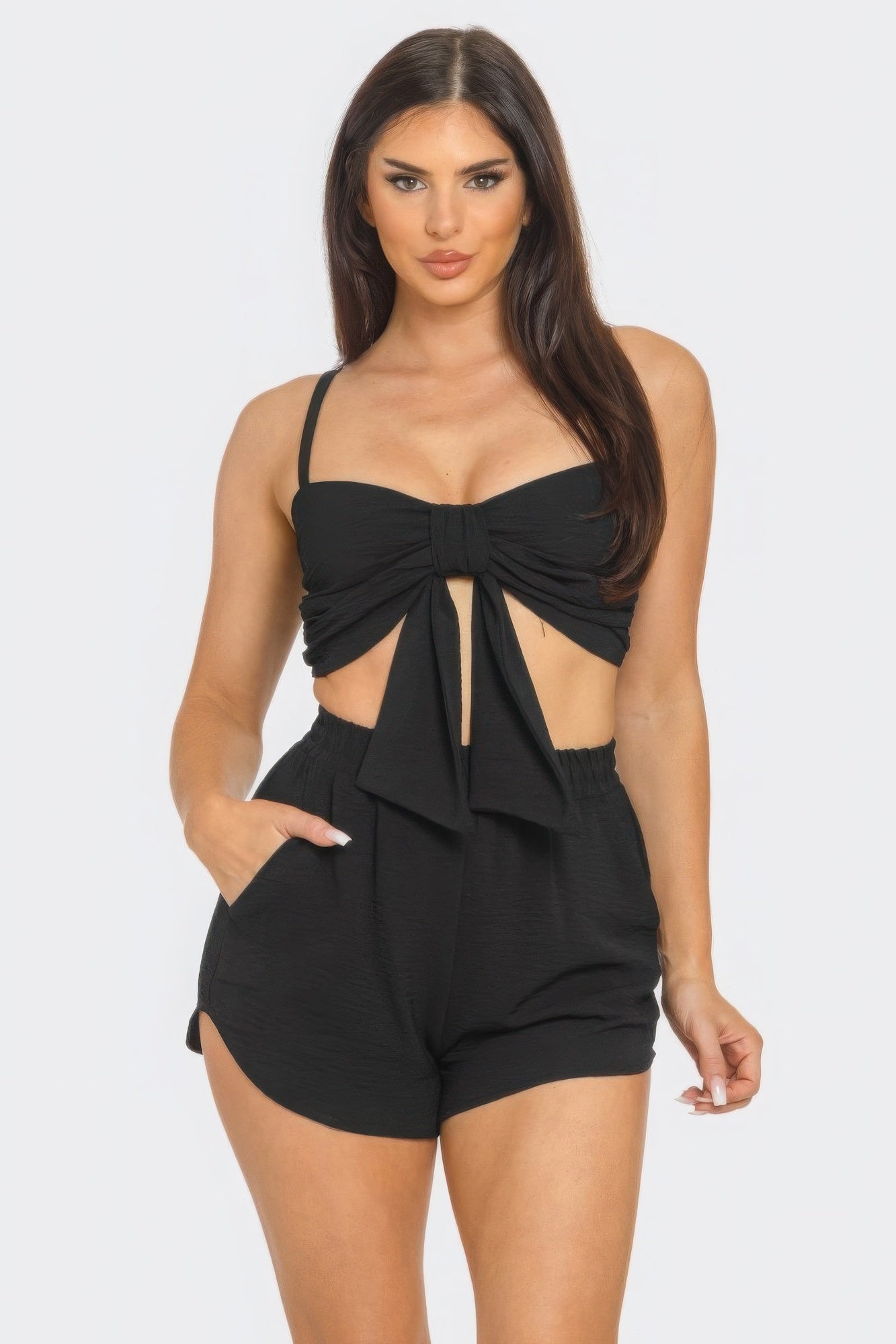 Front Bow Twisted Tie Top And Shorts Set