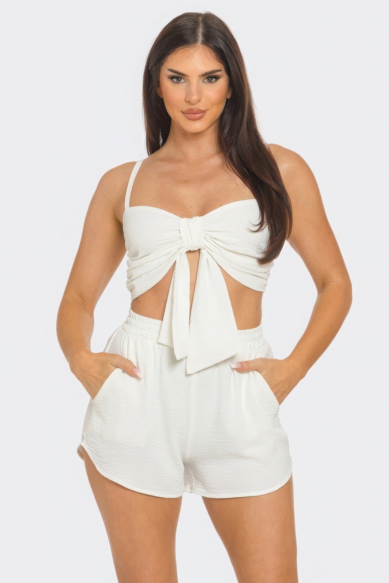 Front Bow Twisted Tie Top And Shorts Set