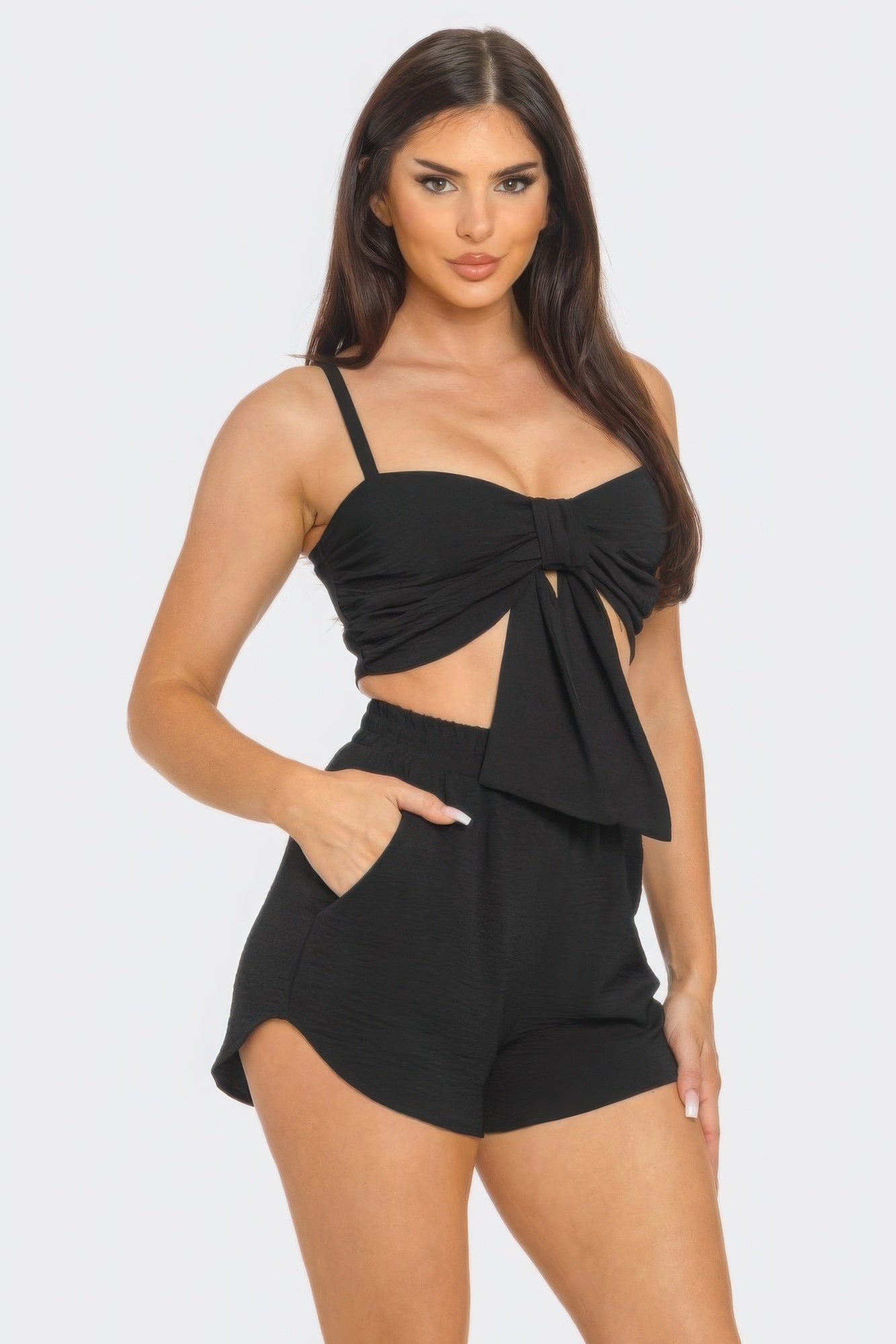 Front Bow Twisted Tie Top And Shorts Set