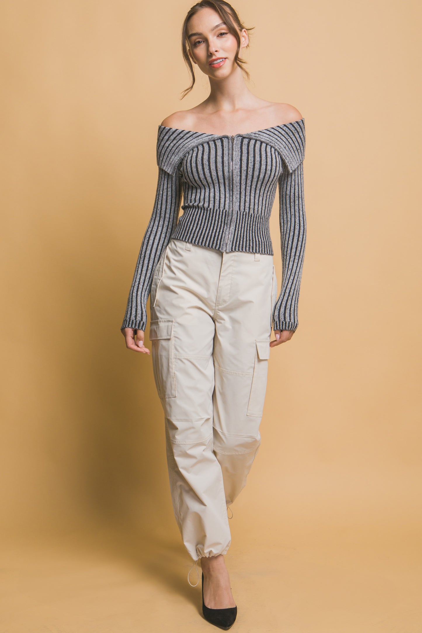 Ribbed Bardot Zip Up Top